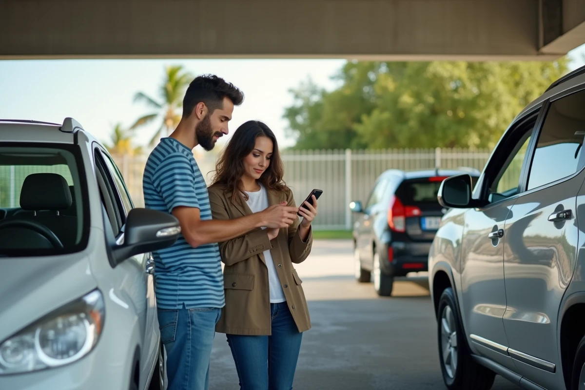 Couple inspectant une voiture de location avec un smartphone avant la prise en charge dans un parking de location en Martinique