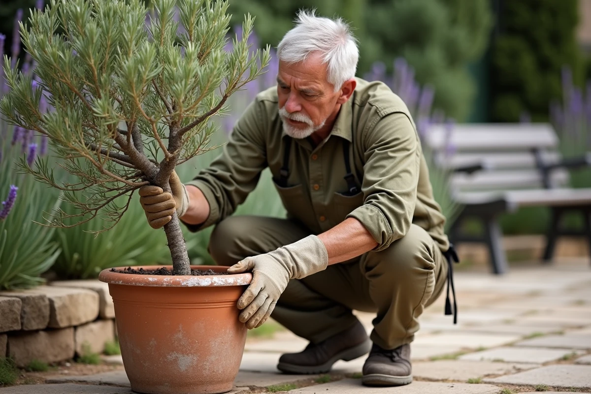 Jardinier examinant un olivier en pot avec des feuilles jaunissantes et un sol desséché sur une terrasse