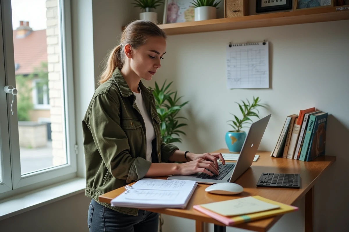 Jeune femme entrepreneur travaillant depuis son bureau à domicile sur un dossier de demande de subvention pour sa startup