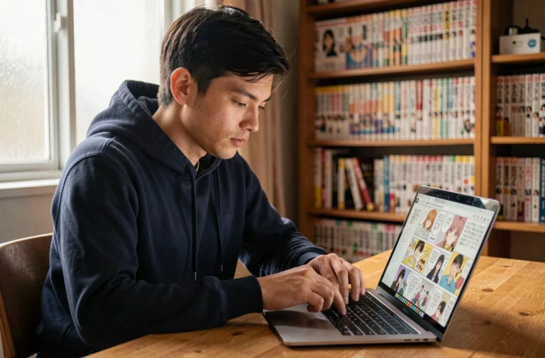 Jeune homme lisant des scans de manga One Piece sur son ordinateur portable dans une chambre cosy entourée de volumes manga