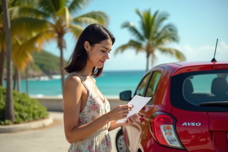 Femme tenant des papiers de location devant une voiture de location en Martinique avec vue sur la mer des Caraïbes