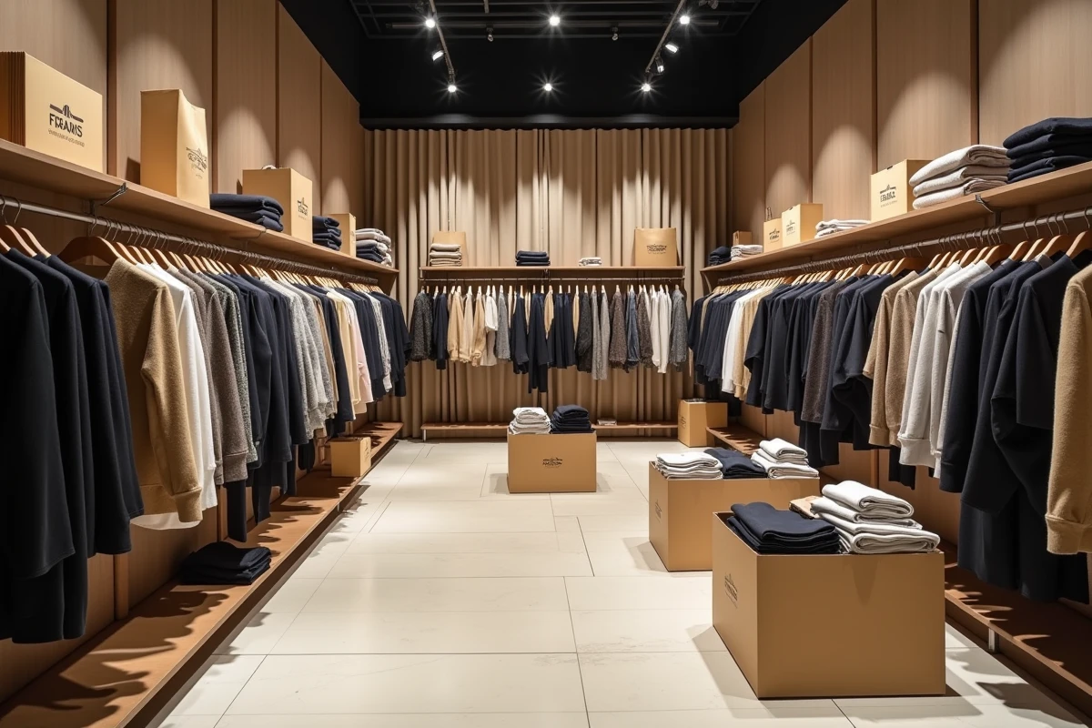 Intérieur d'un magasin de mode en cours de liquidation avec des rayons partiellement vides et des cartons de vêtements
