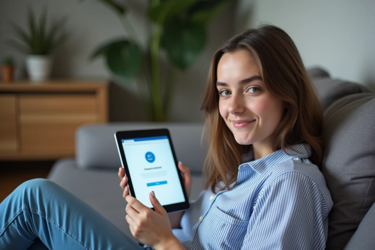 Jeune femme accédant au mail académique Strasbourg sur tablette depuis son salon
