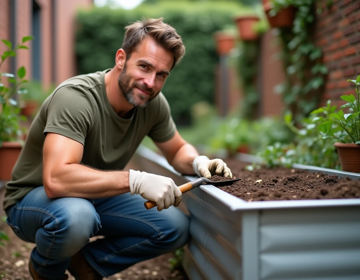 Homme mélangeant terreau et perlite dans un carré potager surélevé en métal galvanisé dans un jardin urbain
