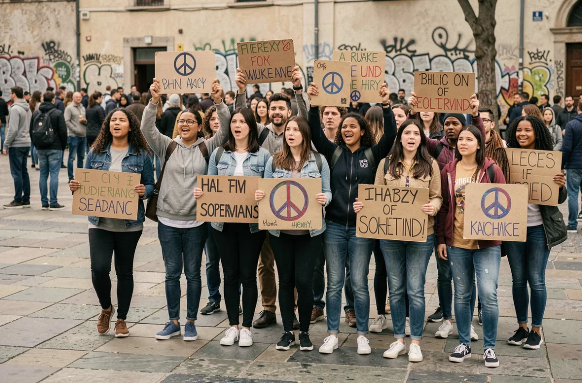 Groupe de jeunes militants tenant des pancartes de paix dans une place publique urbaine, illustrant l'engagement citoyen pour la cause palestinienne