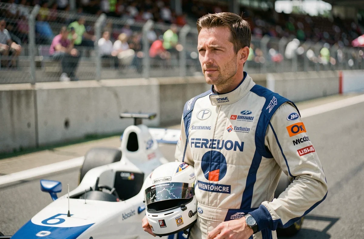 Pilote de course masculin en combinaison ignifugée tenant son casque à côté d'une monoplace blanc et bleu dans la voie des stands