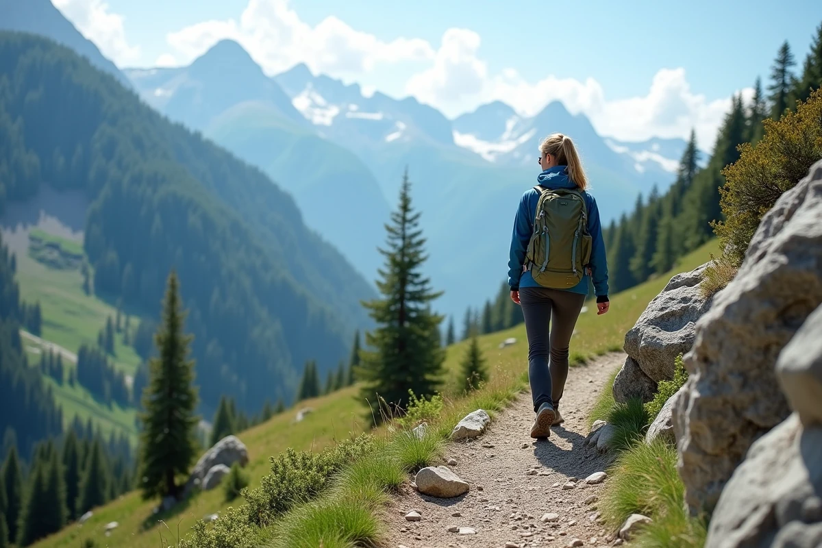 Randonneuse sur un sentier de montagne près de Veynes avec panorama sur les Hautes-Alpes