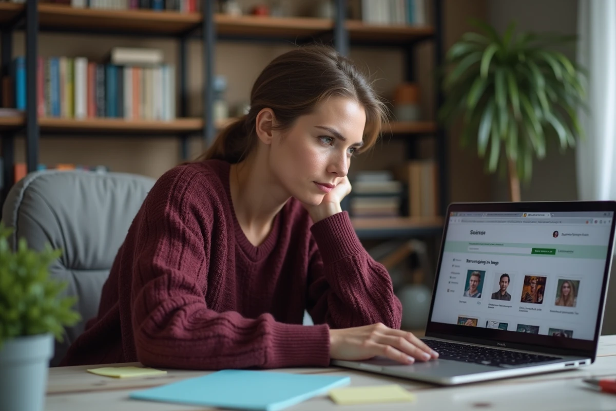 Femme effectuant une recherche inversée d'image sur son ordinateur portable pour identifier une personne