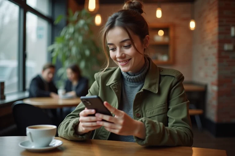Jeune femme dans un café utilisant son smartphone pour rechercher une personne à partir d'une photo