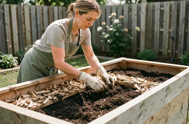 Femme remplissant un carré potager surélevé en bois avec du compost et des couches de terreau, vue en plongée légère dans un jardin