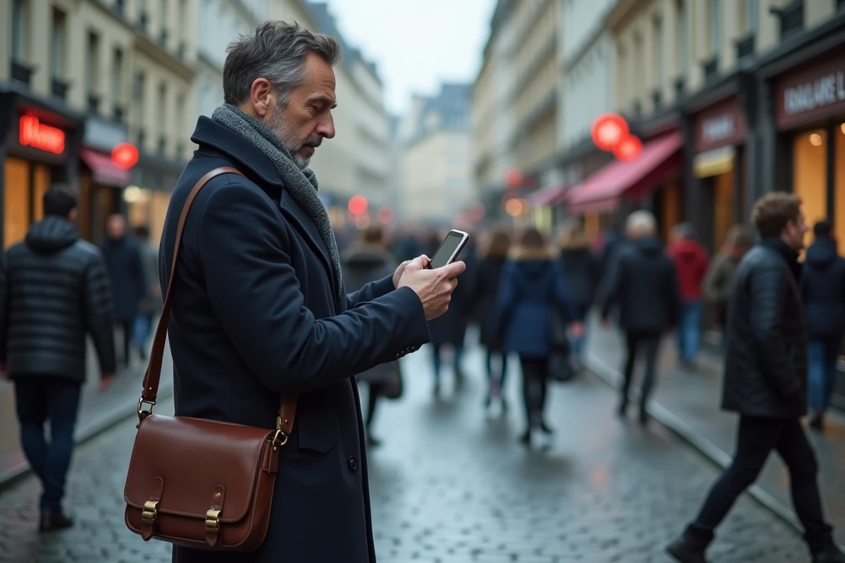 Homme dans la rue consultant son téléphone pour retrouver une personne croisée dans la foule urbaine