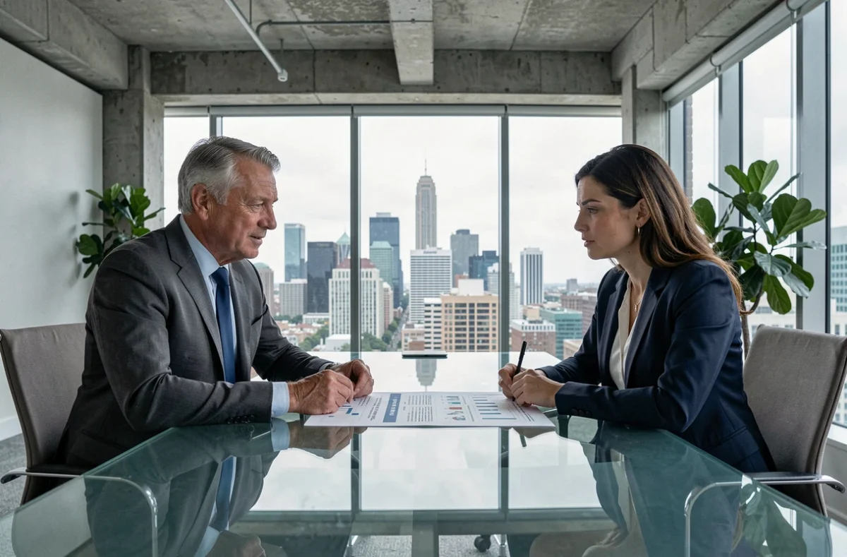 Conseiller financier et cliente discutant d'un rapport de gestion de patrimoine autour d'une table de conférence en verre avec vue sur la ville