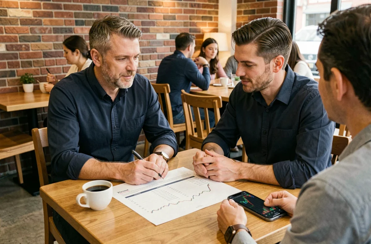 Homme en réunion avec un conseiller financier dans un café, discutant de stratégies d'investissement sur un portefeuille imprimé
