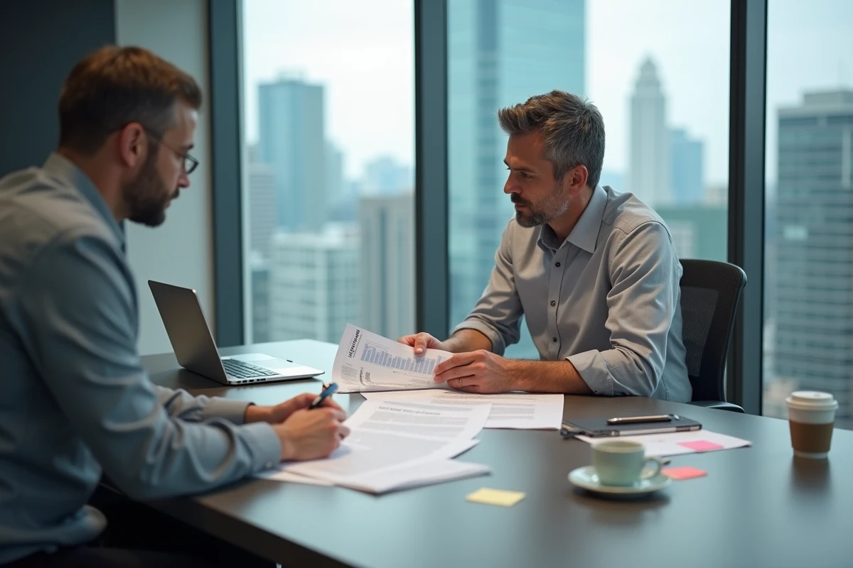 Entrepreneur masculin en réunion avec un conseiller financier pour préparer un dossier de subvention à la création d'entreprise