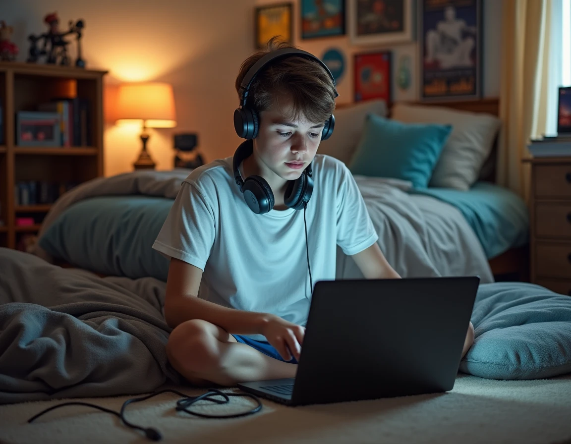 Adolescent en train de saisir une adresse de serveur eMule sur un ordinateur portable dans sa chambre