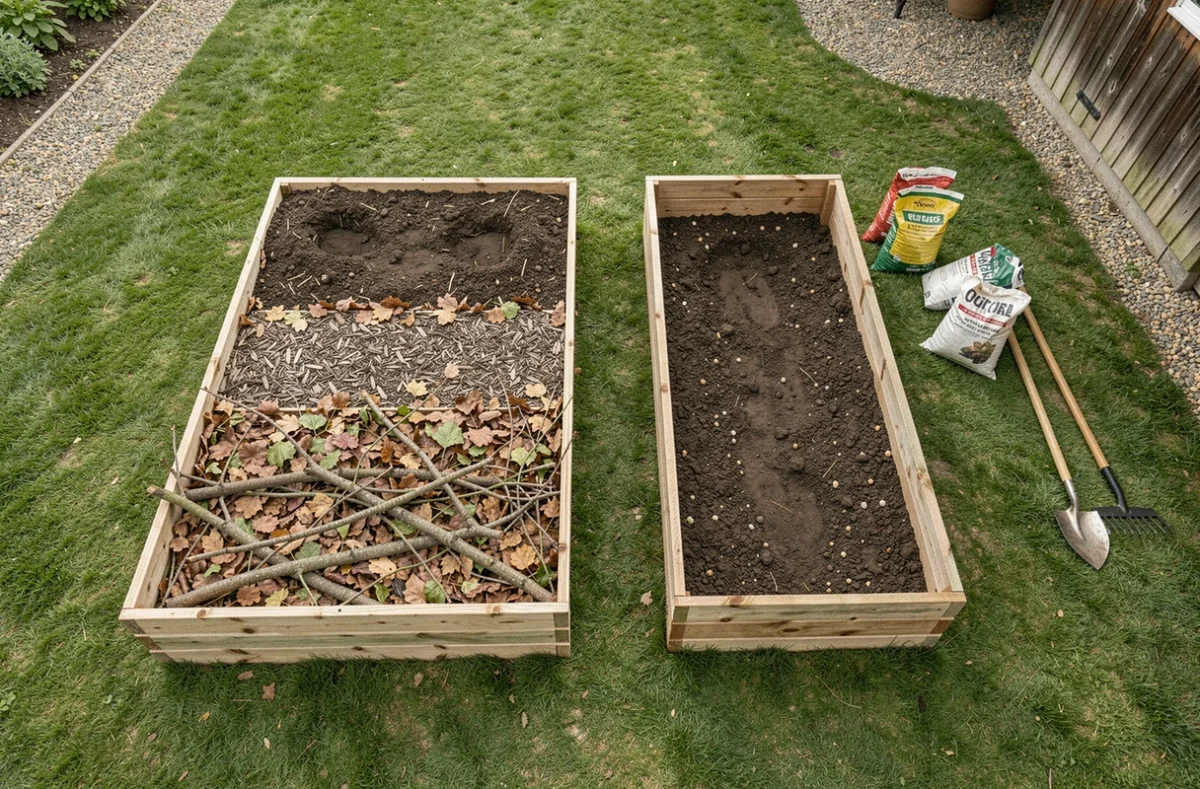 Vue aérienne de deux carrés potagers surélevés en bois dont un rempli avec les couches de substrat visibles, outils de jardinage disposés au sol